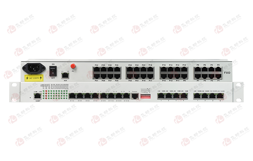 飛暢科技-32路電話+16E1+4FE+4GE+2路數(shù)據(jù)+SNMP+console（19英寸，物理隔離）電話光端機